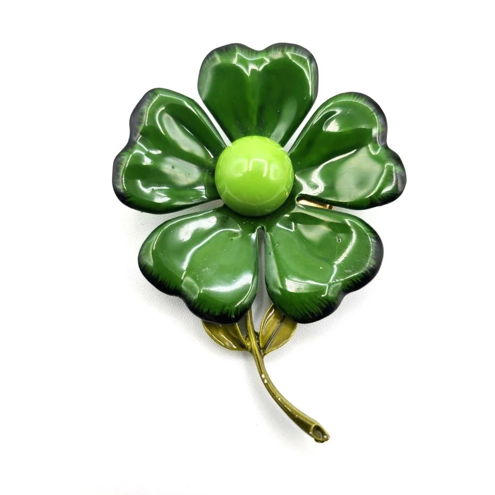 Vtg MCM Hippie Green Enamel Flower Brooch Pin